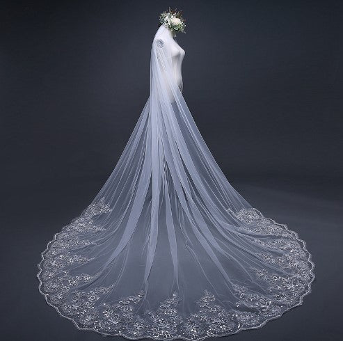 Single-Layer Long Sequin Lace Bridal Veil (175 cm)