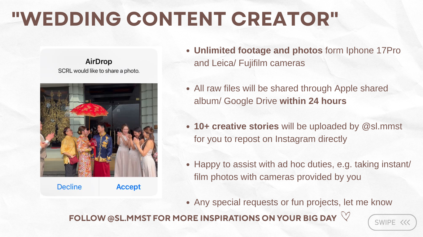 Wedding Content Creator 婚禮內容創作者｜HK & Overseas